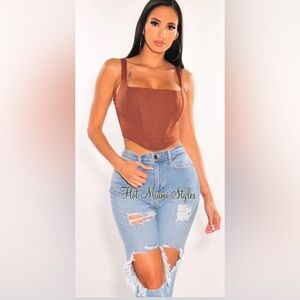 Hot Miami Styles Chocolate Sleeveless Boned Bustier Crop Top Small